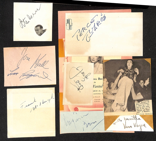 Vintage Entertainer Autographs w. Peter Lorre (d. 1964, Maltese Falcon, Casablanca), Jackie Cooper (d. 2011), Virginia Bruce (d. 1982), Perce Marco, Vera Vague (d. 1972), Frances Langford (d....