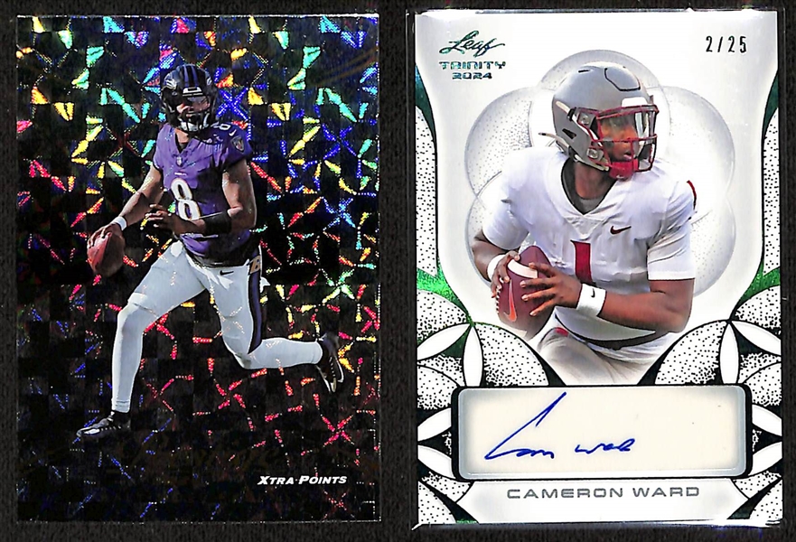 Lot of (55+) 2024 Football Cards inc. Panini Prestige #20 Lamar Jackson Hyper Extra Points and 2024 Leaf Trinity Cameron Ward Auto #/25
