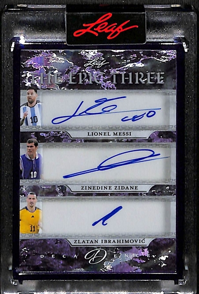 2024 Leaf Decadence The Epic Three Soccer Triple Autograph W. Lionel Messi, Zinedine Zidane, Zlatan Ibrahimovic #2/5