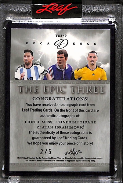 2024 Leaf Decadence The Epic Three Soccer Triple Autograph W. Lionel Messi, Zinedine Zidane, Zlatan Ibrahimovic #2/5