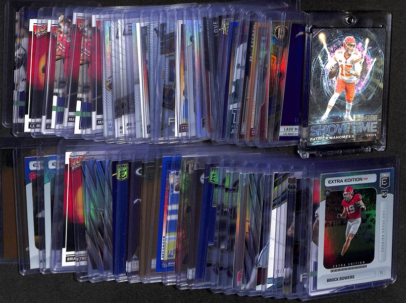Lot of (250+) Football Cards inc. 2024 Score Patrick Mahomes Showtime (Case Hit), 2024 Elite Ladd McConkey Rookie Blue (#/99), 2024 Gold Standard Ja'Lynn Polk Rookie (#/10), +