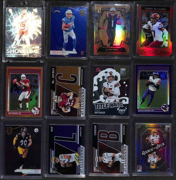 Lot of (250+) Football Cards inc. 2024 Score Patrick Mahomes Showtime (Case Hit), 2024 Elite Ladd McConkey Rookie Blue (#/99), 2024 Gold Standard Ja'Lynn Polk Rookie (#/10), +