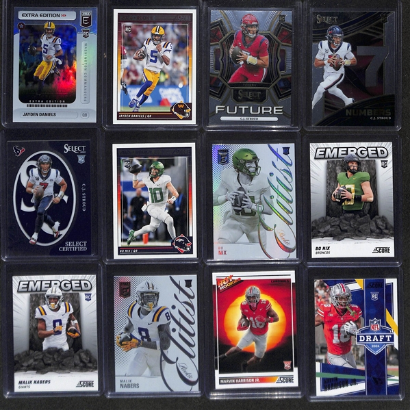 Lot of (250+) Football Cards inc. 2024 Score Patrick Mahomes Showtime (Case Hit), 2024 Elite Ladd McConkey Rookie Blue (#/99), 2024 Gold Standard Ja'Lynn Polk Rookie (#/10), +