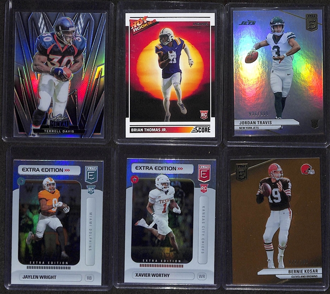 Lot of (250+) Football Cards inc. 2024 Score Patrick Mahomes Showtime (Case Hit), 2024 Elite Ladd McConkey Rookie Blue (#/99), 2024 Gold Standard Ja'Lynn Polk Rookie (#/10), +