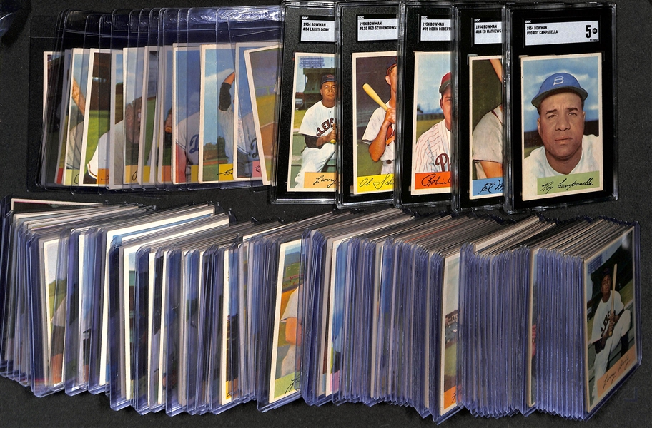 Over (190) 1954 Bowman Baseball Cards w. Campanella (SGC 5), Mathews (SGC 3.5), Roberts (SGC 5.5), Schoendienst (SGC 4.5), Doby (5), Rizzuto, Snider, Ford, Larsen, Hodges, Kell, +