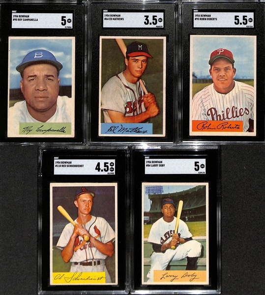 Over (190) 1954 Bowman Baseball Cards w. Campanella (SGC 5), Mathews (SGC 3.5), Roberts (SGC 5.5), Schoendienst (SGC 4.5), Doby (5), Rizzuto, Snider, Ford, Larsen, Hodges, Kell, +