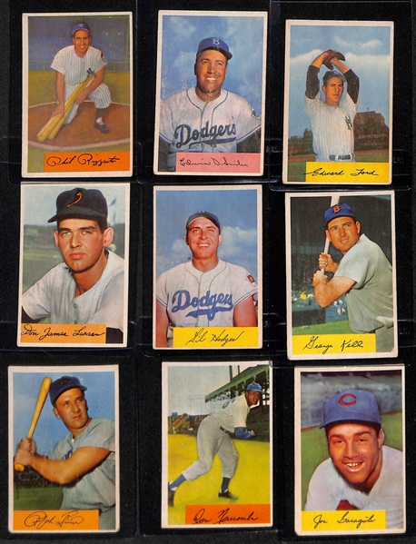 Over (190) 1954 Bowman Baseball Cards w. Campanella (SGC 5), Mathews (SGC 3.5), Roberts (SGC 5.5), Schoendienst (SGC 4.5), Doby (5), Rizzuto, Snider, Ford, Larsen, Hodges, Kell, +