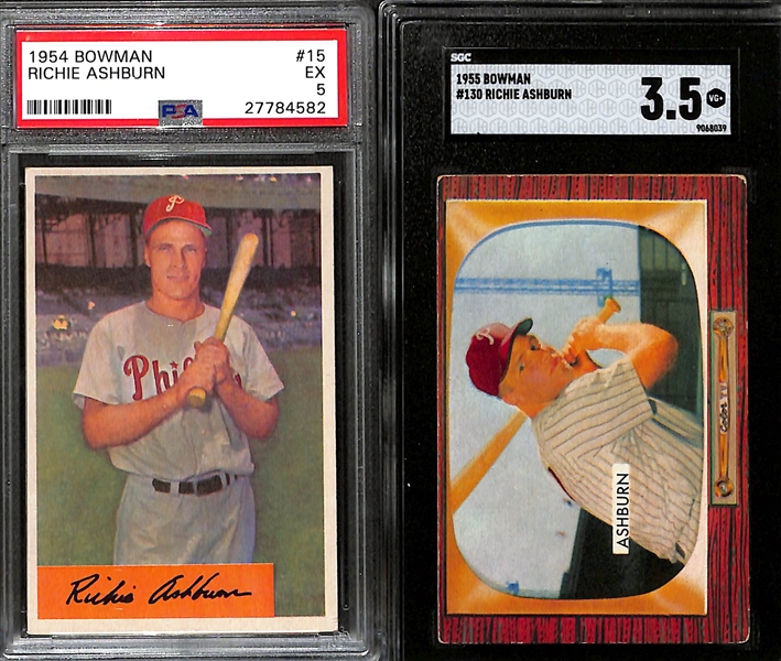 Graded Lot - 1954 Bowman Campanella (PSA 5) & Ashburn (PSA 5), 1955 Bowman Ashburn (SGC 3.5), 1963 Topps Ashburn (PSA 7), 1951 Bowman Staley (PSA 4)