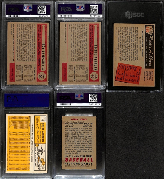 Graded Lot - 1954 Bowman Campanella (PSA 5) & Ashburn (PSA 5), 1955 Bowman Ashburn (SGC 3.5), 1963 Topps Ashburn (PSA 7), 1951 Bowman Staley (PSA 4)
