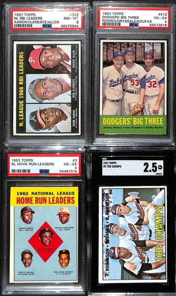Graded Lot (4) w. 1967 NL RBI Leaders (Aaron, Clemente/D. Allen) Graded PSA 8.  Also Inc. 1963 Dodgers Big Three (PSA 4), 1963 NL HR Leaders (PSA 4), 1967 Topps #1 The Champs (SGC 2.5)