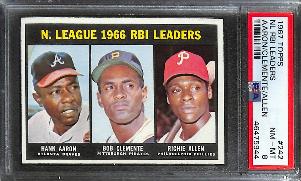 Graded Lot (4) w. 1967 NL RBI Leaders (Aaron, Clemente/D. Allen) Graded PSA 8.  Also Inc. 1963 Dodgers Big Three (PSA 4), 1963 NL HR Leaders (PSA 4), 1967 Topps #1 The Champs (SGC 2.5)