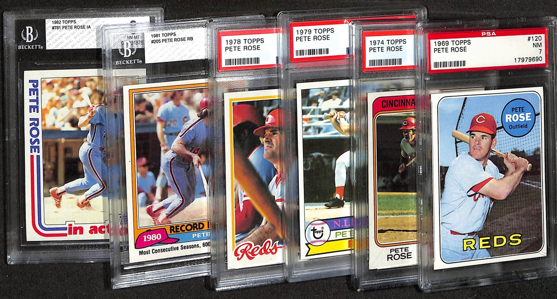 (6) Pete Rose Topps Graded Cards - 1969 #120 (PSA 7), 1974 #300 (PSA 7), 1979 #650 (PSA 9OC), 1978 #20 (PSA 7), 1981 #205 (BGS 8), 1982 Topps #781 (BGS 8)