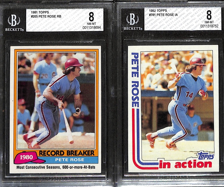(6) Pete Rose Topps Graded Cards - 1969 #120 (PSA 7), 1974 #300 (PSA 7), 1979 #650 (PSA 9OC), 1978 #20 (PSA 7), 1981 #205 (BGS 8), 1982 Topps #781 (BGS 8)