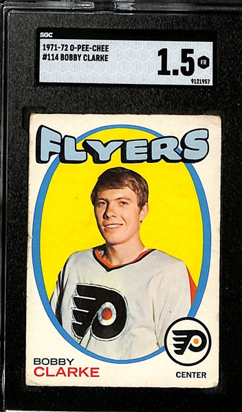 Hockey Card Lot - (2) Graded Bobby Clarke Cards (2nd and 3rd Year OPC) & (2) 1985-86 OPC Mario Lemieux Authentic Rookie Cards (Both Sealed in Permanent Plastic Contact Paper - So Unable to Grade)