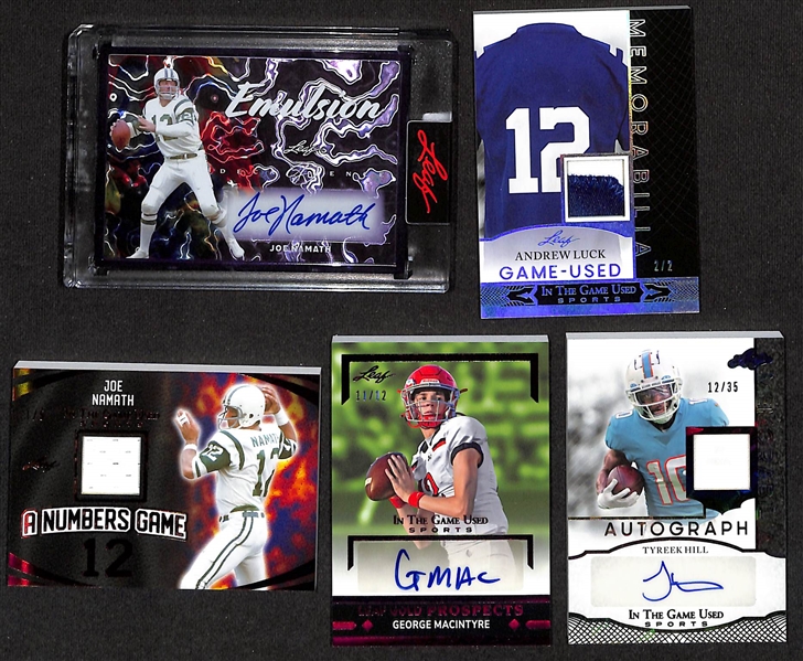 Lot of (5) 2024 Leaf Football Cards Including Joe Namath Decadence Emulsion Autograph #2/5 + more. 