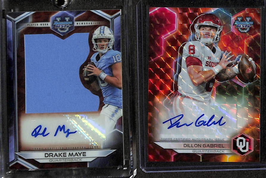 Lot of (6) 2023 Bowman's Best Autographed Football Cards W. Drake May Jumbo Patch Autograph, Dillon Gabriel Orange Geometric Autograph #/25, and Xavier Worthy Patch Autograph #/49 + more