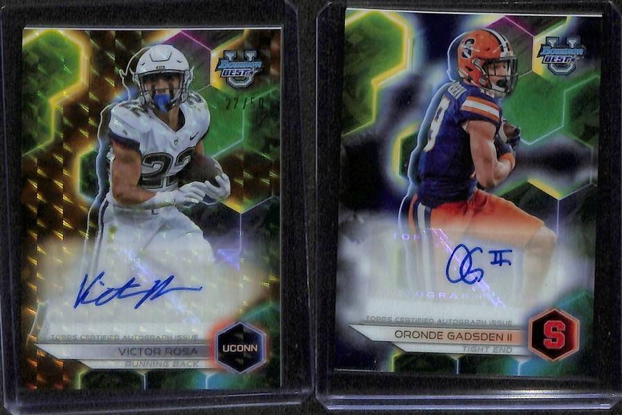 Lot of (6) 2023 Bowman's Best Autographed Football Cards W. Drake May Jumbo Patch Autograph, Dillon Gabriel Orange Geometric Autograph #/25, and Xavier Worthy Patch Autograph #/49 + more