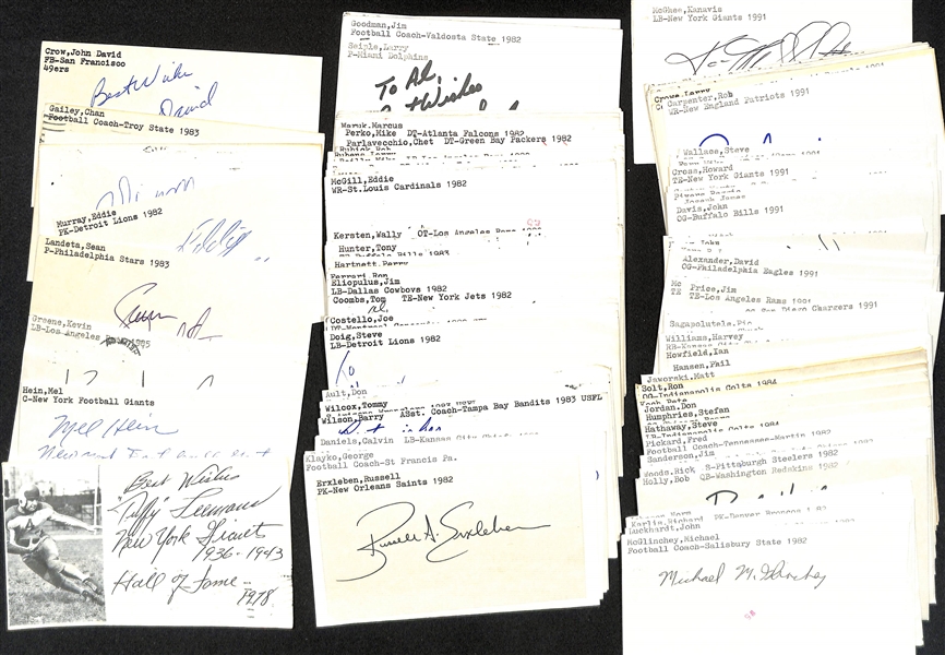 Lot of (100+) Signed Mostly Football Index Cards inc. Tuffy Leemans, Mel Hein, Kevin Greene + (JSA Auction Letter)