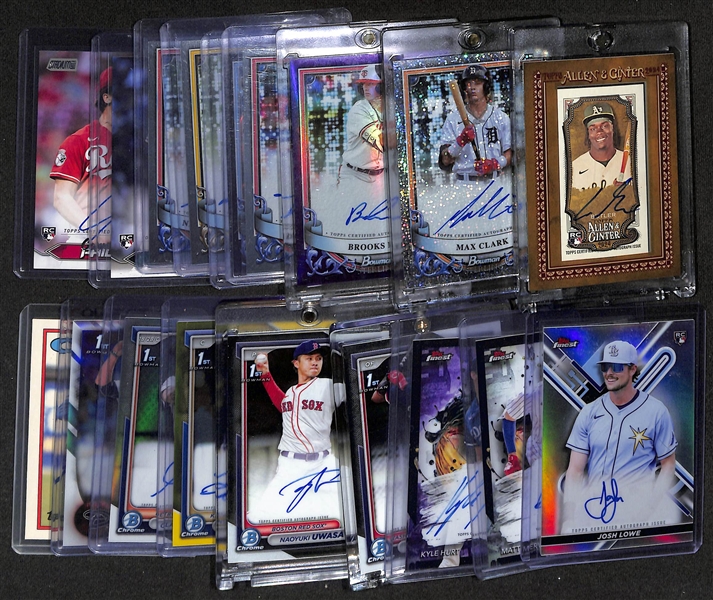 Lot of (18) Baseball Rookie Autograph Cards inc. Lawrence Butler, Max Clark (#/99), Brooks Lee (#/120), Dalton Rushing, Colton Ledbetter (#/10), +