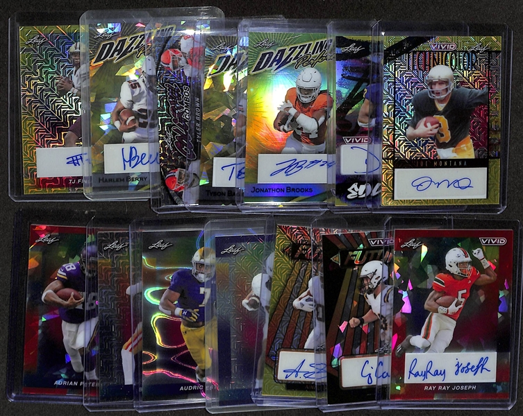Lot of (14) 2024 Leaf Vivid Football Cards inc. Joe Montana Autograph (#/10), Donovan Edwards Rookie Autograph (#/10), Jonathon Brooks Rookie Autograph (#/4), +