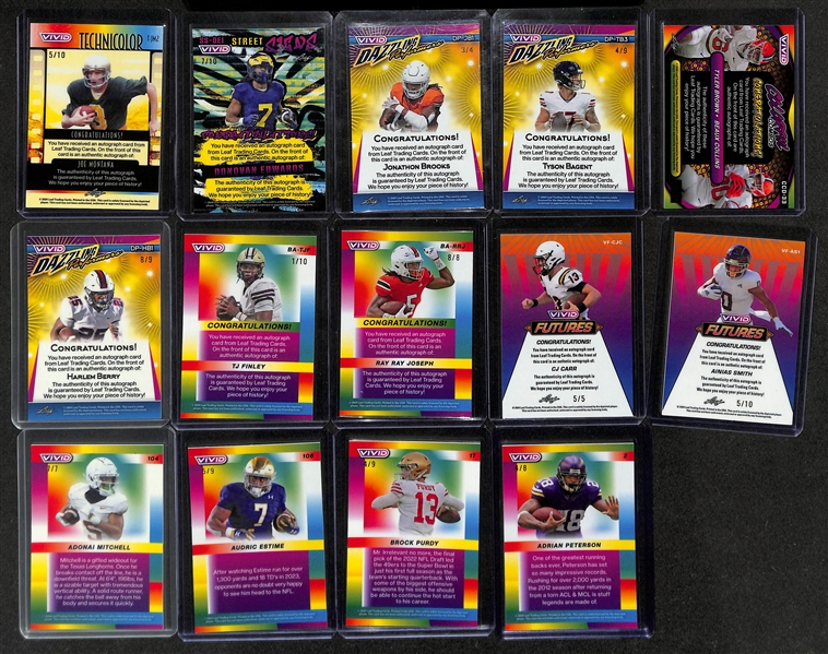 Lot of (14) 2024 Leaf Vivid Football Cards inc. Joe Montana Autograph (#/10), Donovan Edwards Rookie Autograph (#/10), Jonathon Brooks Rookie Autograph (#/4), +