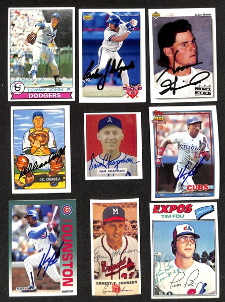 300+ Signed Baseball Cards w. (5) Fernando Valenzuela, Bobby Thomson, Red Schoendienst, Tim McCarver, Sandy Alomar, Tommy John, Carlos Delgado, Jason Giambi, Del Crandell, Sam Chapman,  (2) Shawon...