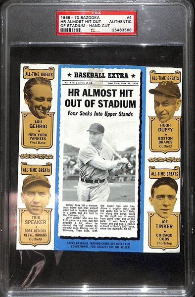 (5) Vintage Baseball Memorabilia w. 1969-70 Bazooka HR Almost Hit Out of Stadium w. Jimmy Foxx & 4 Gold HOF Cards - PSA Authentic