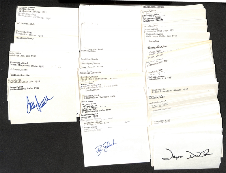 Lot of (225+) Signed Baseball Index Cards w. Tom Seaver, Jim Cronin, Charlie Keller, Vince Coleman, and more. +(JSA Auction Letter)