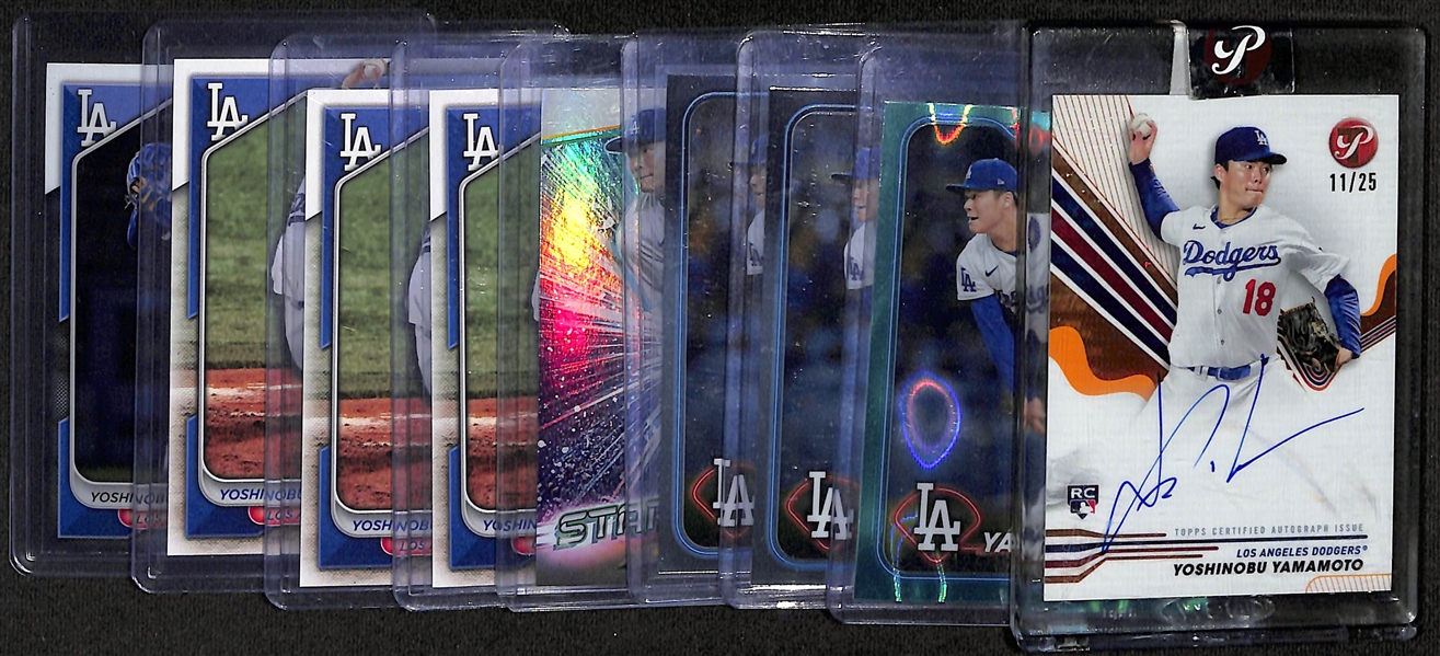 Lot of (9) Yoshinobu Yamamoto Rookie Cards inc. Topps Pristine Autograph Orange (#/25), Topps Chrome Aqua Lava Refractor (#/199), +