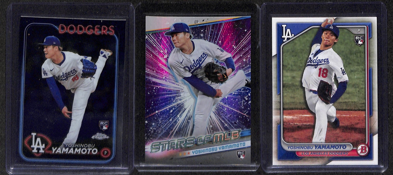 Lot of (9) Yoshinobu Yamamoto Rookie Cards inc. Topps Pristine Autograph Orange (#/25), Topps Chrome Aqua Lava Refractor (#/199), +