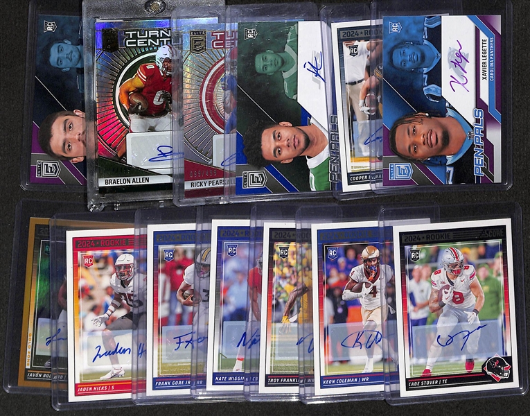 Lot of (13) 2024 Football Rookie Autographs inc. Elite Xavier Legette Pen Pals Purple Ink, Score Cooper DeJean, Elite Jordan Travis Pen Pals Blue Ink, +