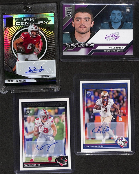 Lot of (13) 2024 Football Rookie Autographs inc. Elite Xavier Legette Pen Pals Purple Ink, Score Cooper DeJean, Elite Jordan Travis Pen Pals Blue Ink, +