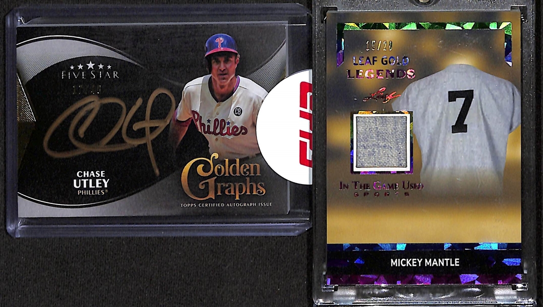 Lot of (13) Baseball Cards inc. 2024 Topps Five Star Chase Utley Autograph (#/40), 2024 Leaf In The Game Used Mickey Mantle Jersey (#/20), 2023 Three and Two Jordan Walker Rookie Autograph (#/10), +