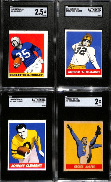 4-Card 1948-1949 Leaf Lot - Inc. (3) 1948 Leaf Cards Bullet Bill Dudley HOF Rookie #36 (SGC 2.5), Al DiMarco Rookie #98 (SGC Authentic), Johnny Clement #47 (SGC Authentic); and 1949 George McAfee...