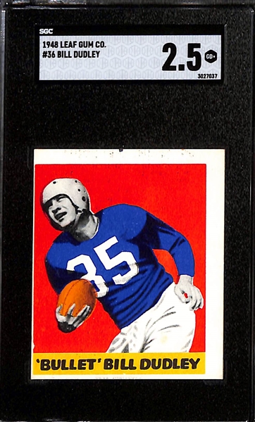 4-Card 1948-1949 Leaf Lot - Inc. (3) 1948 Leaf Cards Bullet Bill Dudley HOF Rookie #36 (SGC 2.5), Al DiMarco Rookie #98 (SGC Authentic), Johnny Clement #47 (SGC Authentic); and 1949 George McAfee...