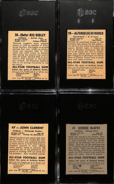 4-Card 1948-1949 Leaf Lot - Inc. (3) 1948 Leaf Cards Bullet Bill Dudley HOF Rookie #36 (SGC 2.5), Al DiMarco Rookie #98 (SGC Authentic), Johnny Clement #47 (SGC Authentic); and 1949 George McAfee...