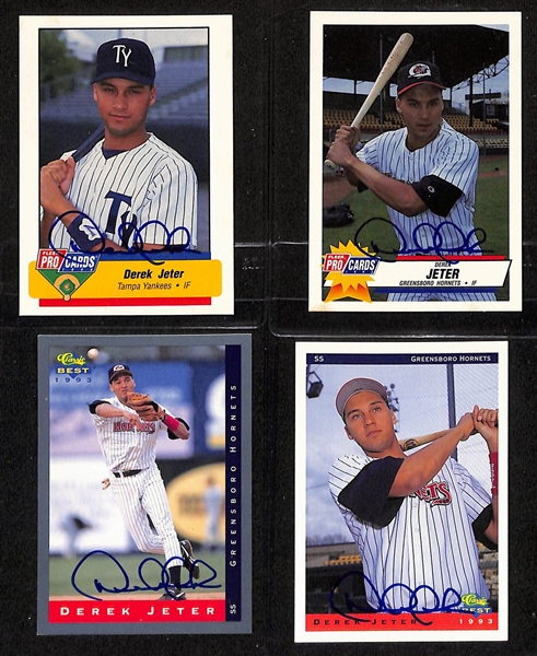 (4) Derek Jeter Signed Minor League Pre-Rookie Cards - 1993 Fler Pro Cards, 1993 Classic Best #91A, 1993 Classic Best #1A, 1994 Fleer Pro Cards (JSA Auction Letter)
