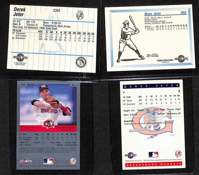 (4) Derek Jeter Signed Minor League Pre-Rookie Cards - 1993 Fler Pro Cards, 1993 Classic Best #91A, 1993 Classic Best #1A, 1994 Fleer Pro Cards (JSA Auction Letter)