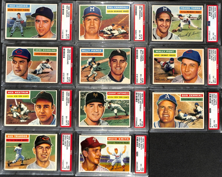 (95) Different 1956 Topps Cards - All Graded PSA 6 (Cards #ed Between 3 and 192) inc. Minoso, Collins, Tanner, Sievers, Rosen, Dark, Carey, Boone, Gomez, Face, F. Thomas, Burgess, Garver, +