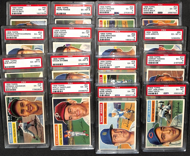 (95) Different 1956 Topps Cards - All Graded PSA 6 (Cards #ed Between 3 and 192) inc. Minoso, Collins, Tanner, Sievers, Rosen, Dark, Carey, Boone, Gomez, Face, F. Thomas, Burgess, Garver, +