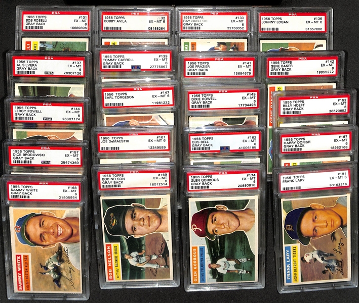 (95) Different 1956 Topps Cards - All Graded PSA 6 (Cards #ed Between 3 and 192) inc. Minoso, Collins, Tanner, Sievers, Rosen, Dark, Carey, Boone, Gomez, Face, F. Thomas, Burgess, Garver, +