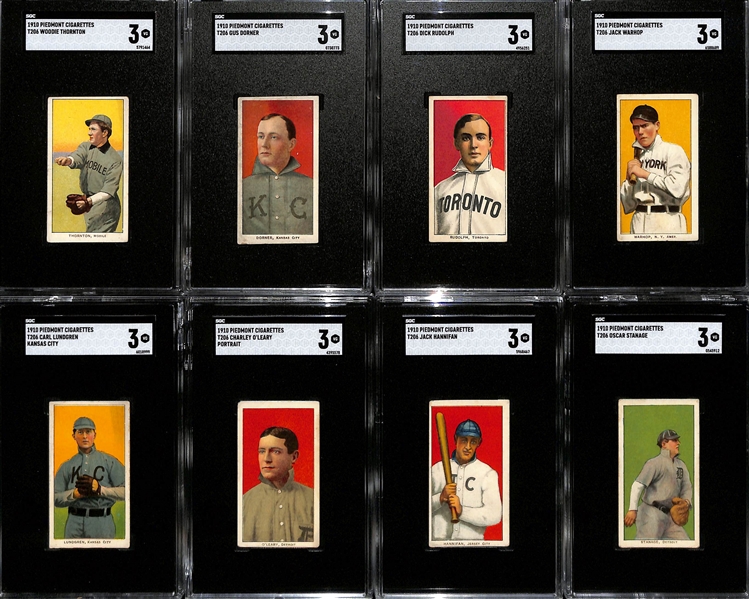 (8) 1910 T206 Piedmont Cigarettes Tobacco Cards (Each Graded SGC 3) - Thornton, Dorner, Rudolph, Warhop, Lundgren (KC), OLeary (Portrait), Hannifan, Stanage