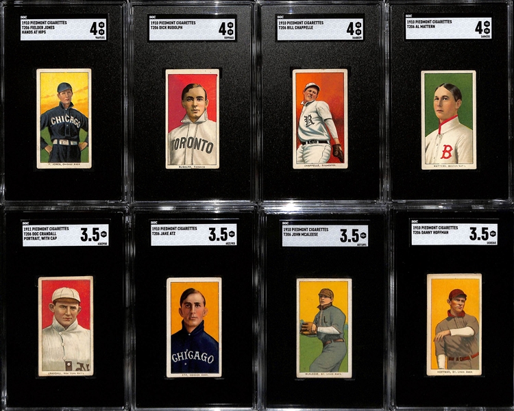(8) 1910-11 T206 Piedmont Cigarettes Tobacco Cards (Each Graded SGC 3.5 or 4) - Jones (Hands at Hips), Crandall (Portrait w. Cap), Rudolph, Chappelle, Mattern, Atz, McAleese, Hoffman
