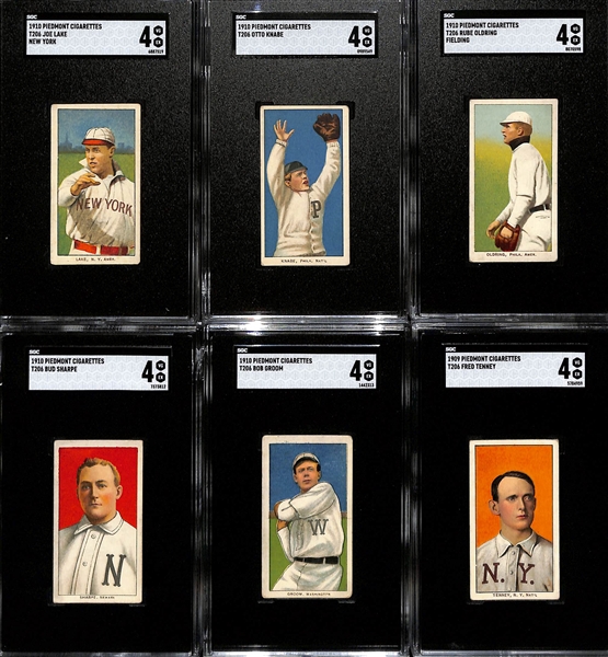 (6) 1909-10 T206 Piedmont Cigarettes Tobacco Cards (Each Graded SGC 4) - Knabe, Oldring (Fielding), Sharpe, Groom, Tenney, Lake (New York)