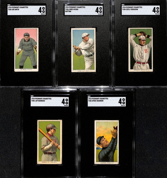 (5) 1909-11 T206 Piedmont Cigarettes Tobacco Cards (Each Graded SGC 4) - Sid Smith, Chief Myers (Batting), Cecil Ferguson, Jap Barbeau, Spike Shannon