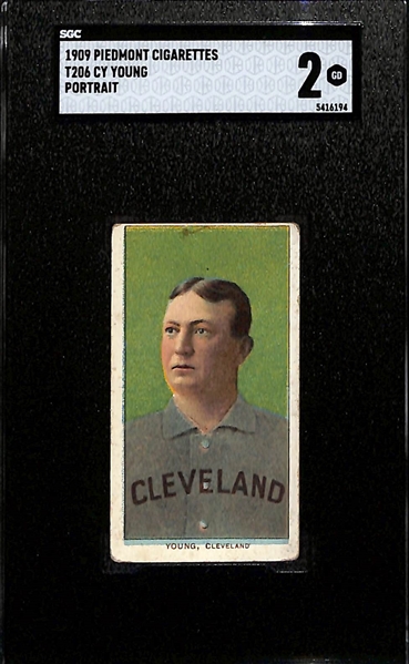 1909 T206 Piedmont Cigarettes Cy Young (HOFer - Portrait) Graded SGC 2 w. Rare Blue Line Color Overprint Above His Name
