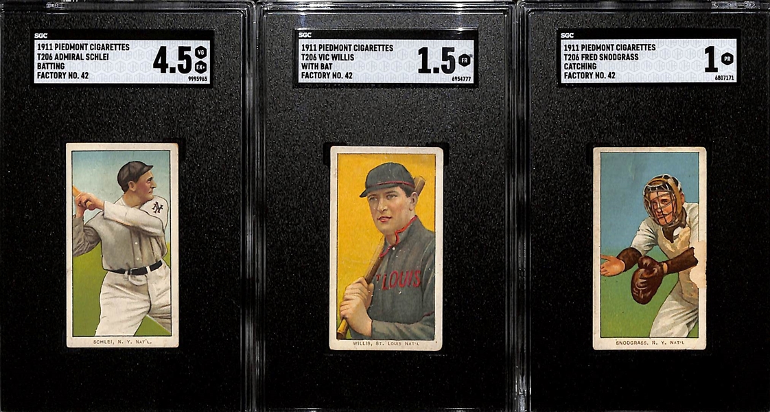 (3) 1911 T206 Piedmont Cigarettes Rare Factory 42 Backs - Admiral Schlei (Batting) SGC 4.5, Vic Willis (HOFer) SGC 1.5, & Fred Snodgrass (Catching) SGC 1