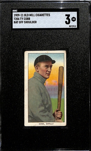 1909-11 T206 Old Mill Cigarettes Ty Cobb (Bat Off Shoulder) Graded SGC 3 (Low Population of Old Mill Backs!)