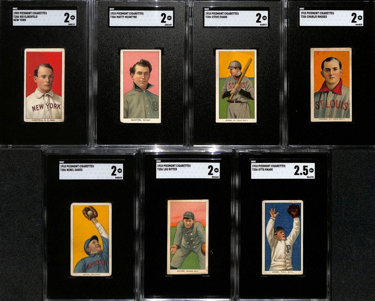 (7) 1909-11 T206 Piedmont Cigarettes Tobacco Cards (Each Graded SGC 2 or SGC 2.5) - McIntyre, Elberfeld (NY), S. Evans, C. Rhodes, Oakes, Ritter, Knabe