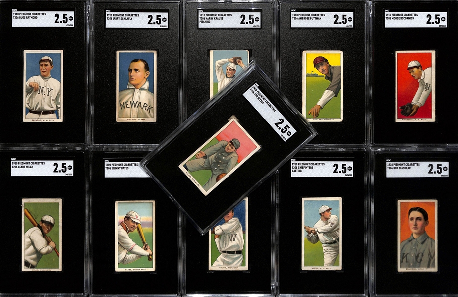 (11) 1909-11 T206 Piedmont Cigarettes Tobacco Cards (Each Graded SGC 2.5) - Groom, Myers (Batting), Raymond, Schlafly, Brashear, Krause (Pitching), Puttman, McCormick, Milan,  Bates, & Ritter